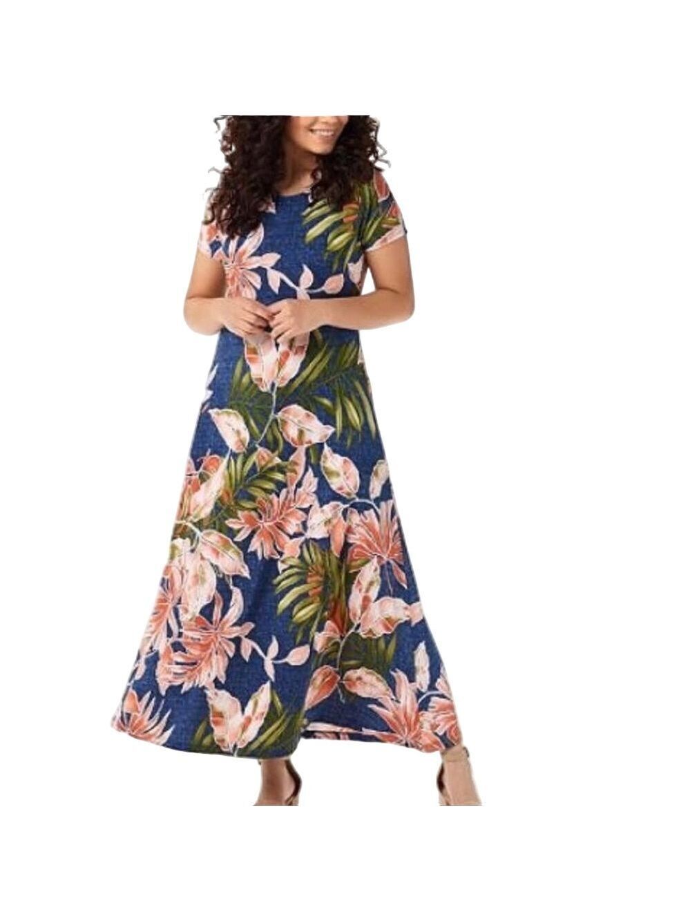 Attitudes by Renee Tropical Floral Print Short Sleeve Crew Neck Maxi Dress SP